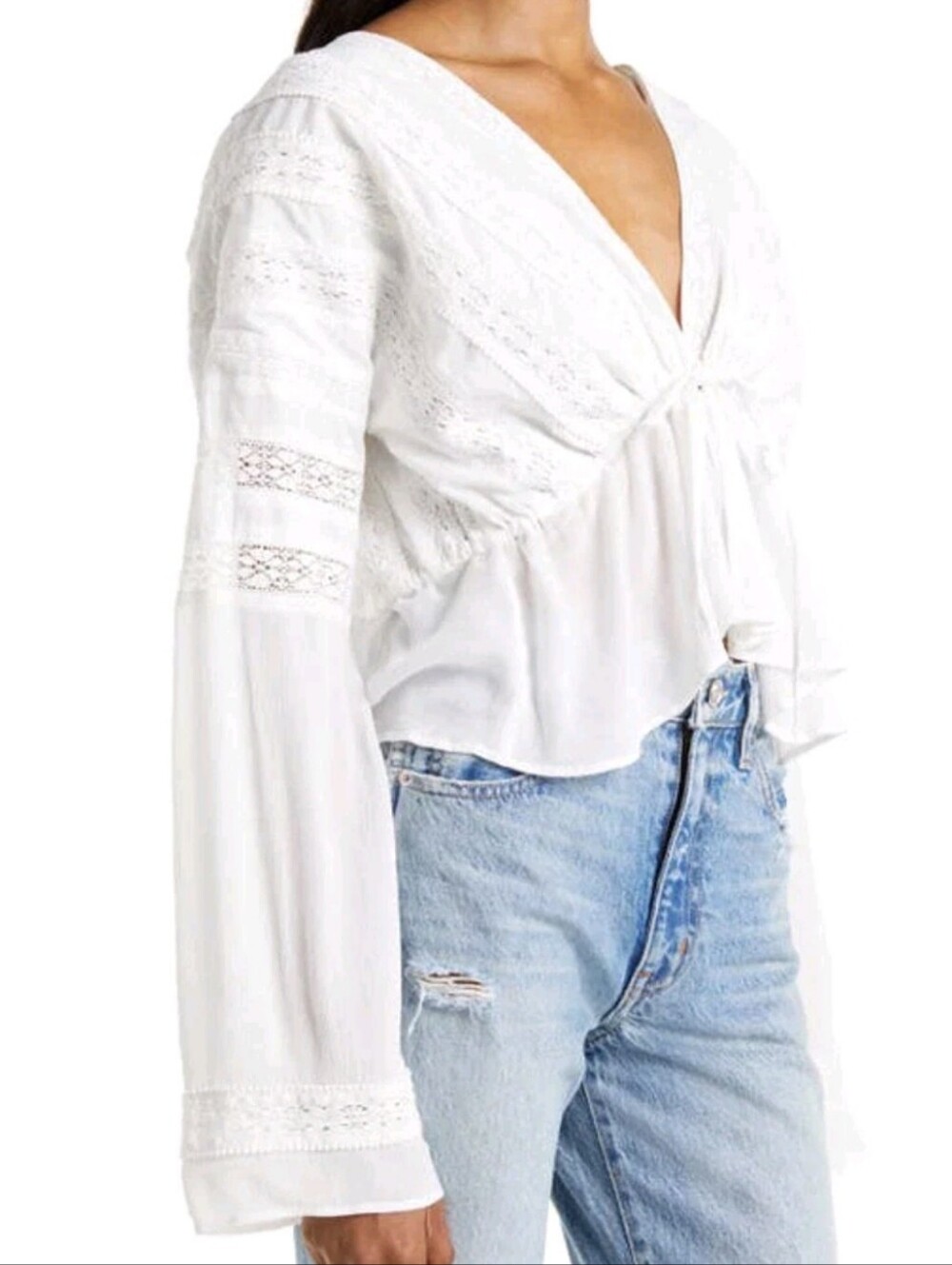 ALLSAINTS Chlo Broderie Crop‎ Lace Trim Front Tie Top White Boho Feminine Sz US4